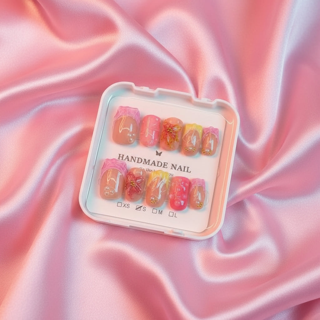 🌸 Candy Drip Dream Beach – Pink & Yellow Swirl Press-On Nails