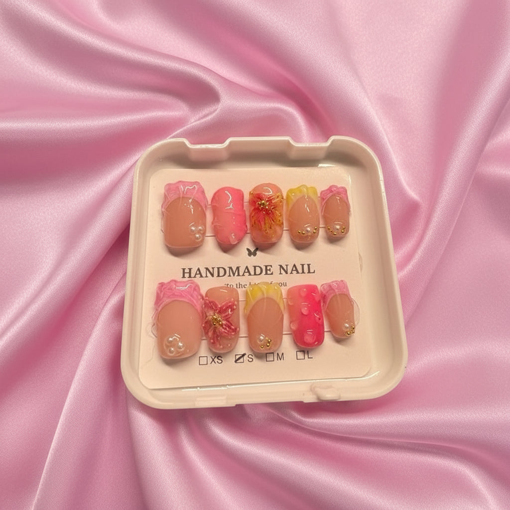 🌸 Candy Drip Dream Beach – Pink & Yellow Swirl Press-On Nails