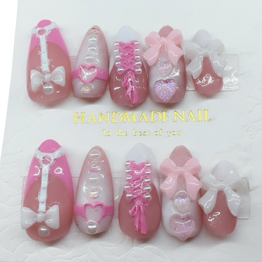 💗 Princess Lingerie – Pink Corset & Bow Press-On Nails