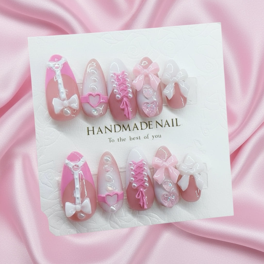💗 Princess Lingerie – Pink Corset & Bow Press-On Nails