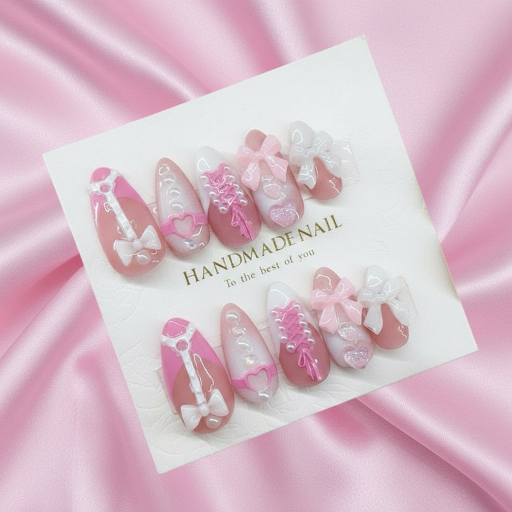 💗 Princess Lingerie – Pink Corset & Bow Press-On Nails