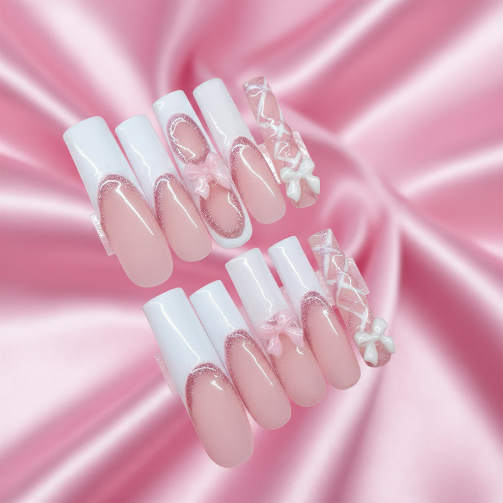 🎀 Sugar Ballet – Pink Ribbon Press-On Nails