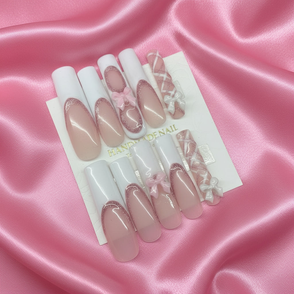🎀 Sugar Ballet – Pink Ribbon Press-On Nails