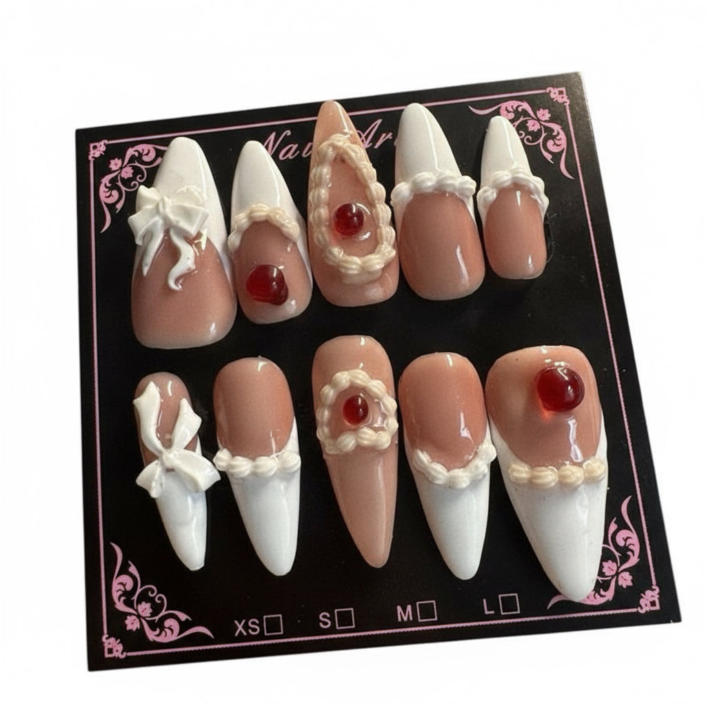 🍒 Cherry Cake – 3D Icing & Bow Press-On Nails