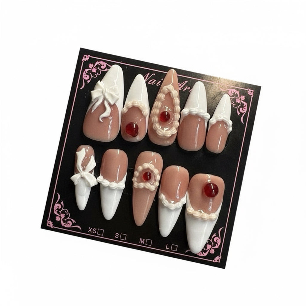 🍒 Cherry Cake – 3D Icing & Bow Press-On Nails
