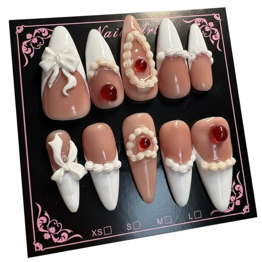 🍒 Cherry Cake – 3D Icing & Bow Press-On Nails