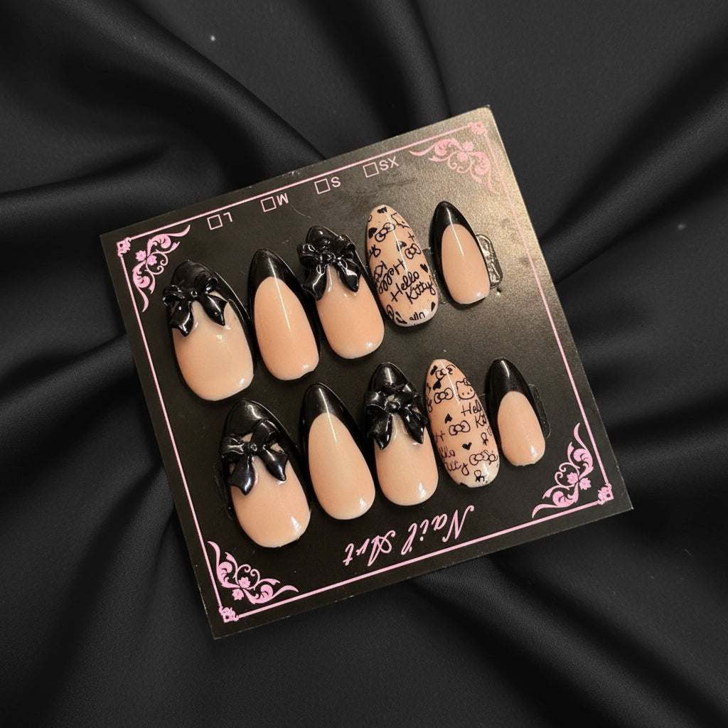 🖤 Noir Hello Kitty – Black Bow French Tip Press-On Nails