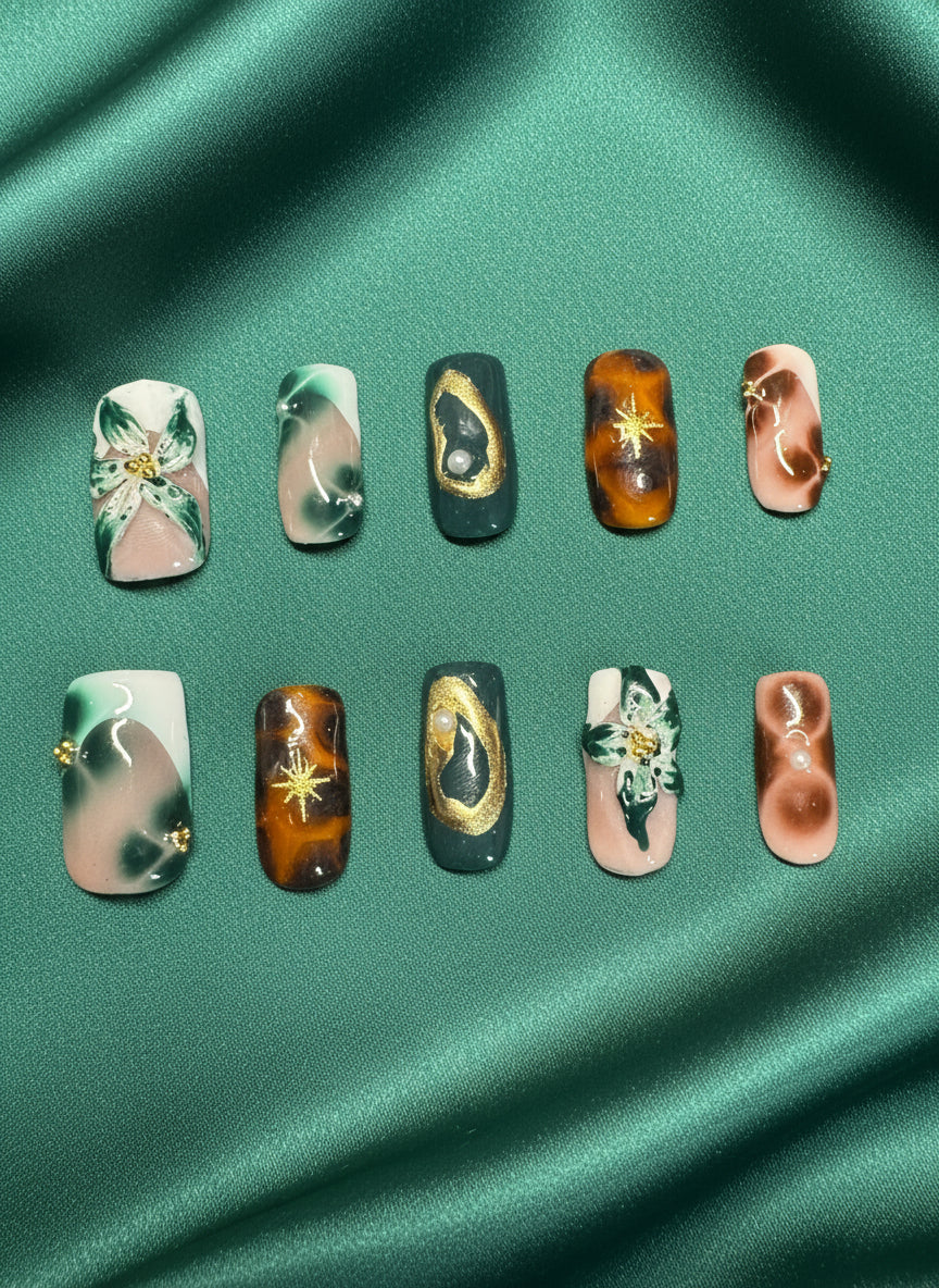 Jealousy – Emerald & Gold Marble Press-On Nails | Handmade Luxury Nail Set
