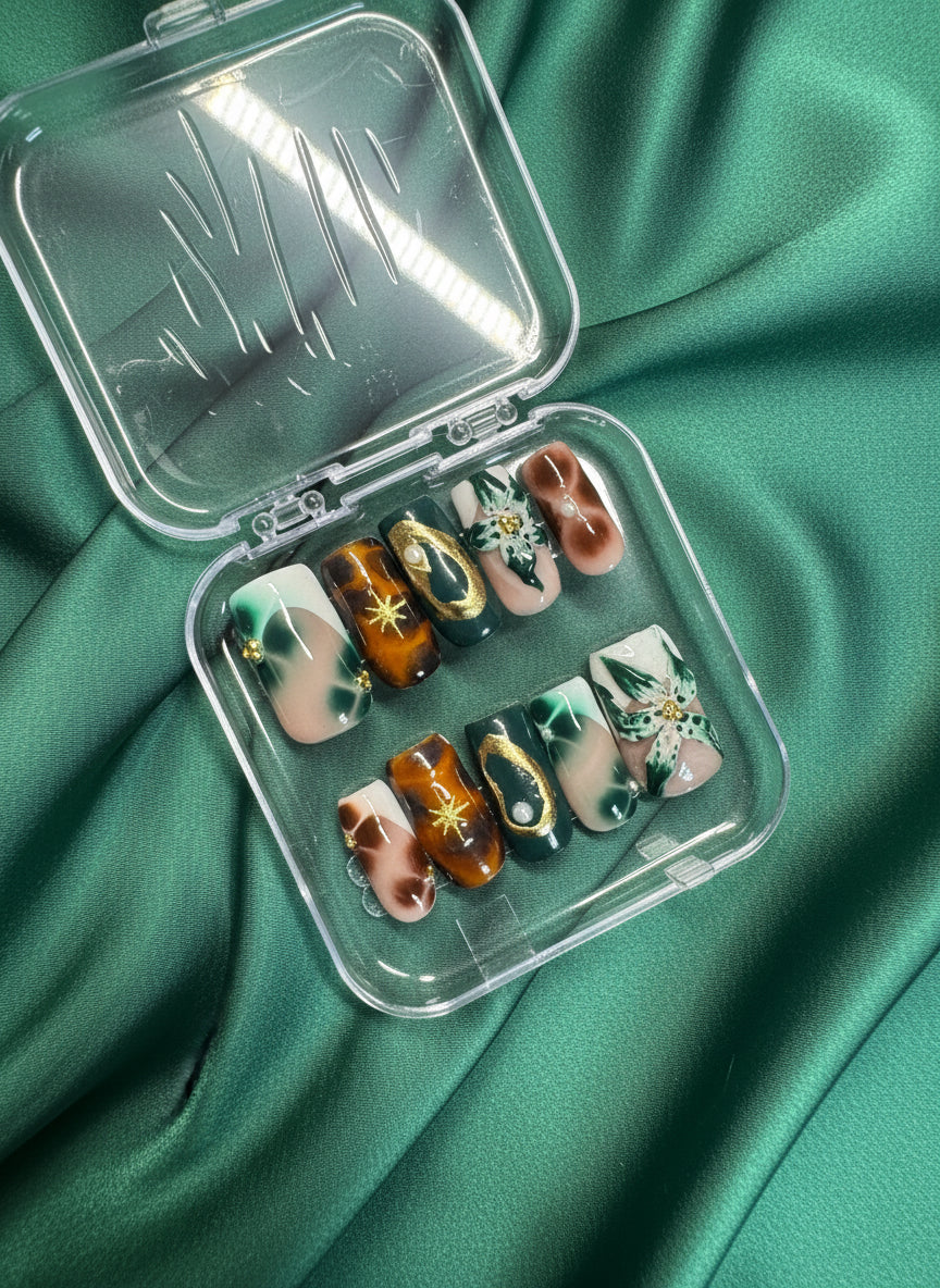 Jealousy – Emerald & Gold Marble Press-On Nails | Handmade Luxury Nail Set