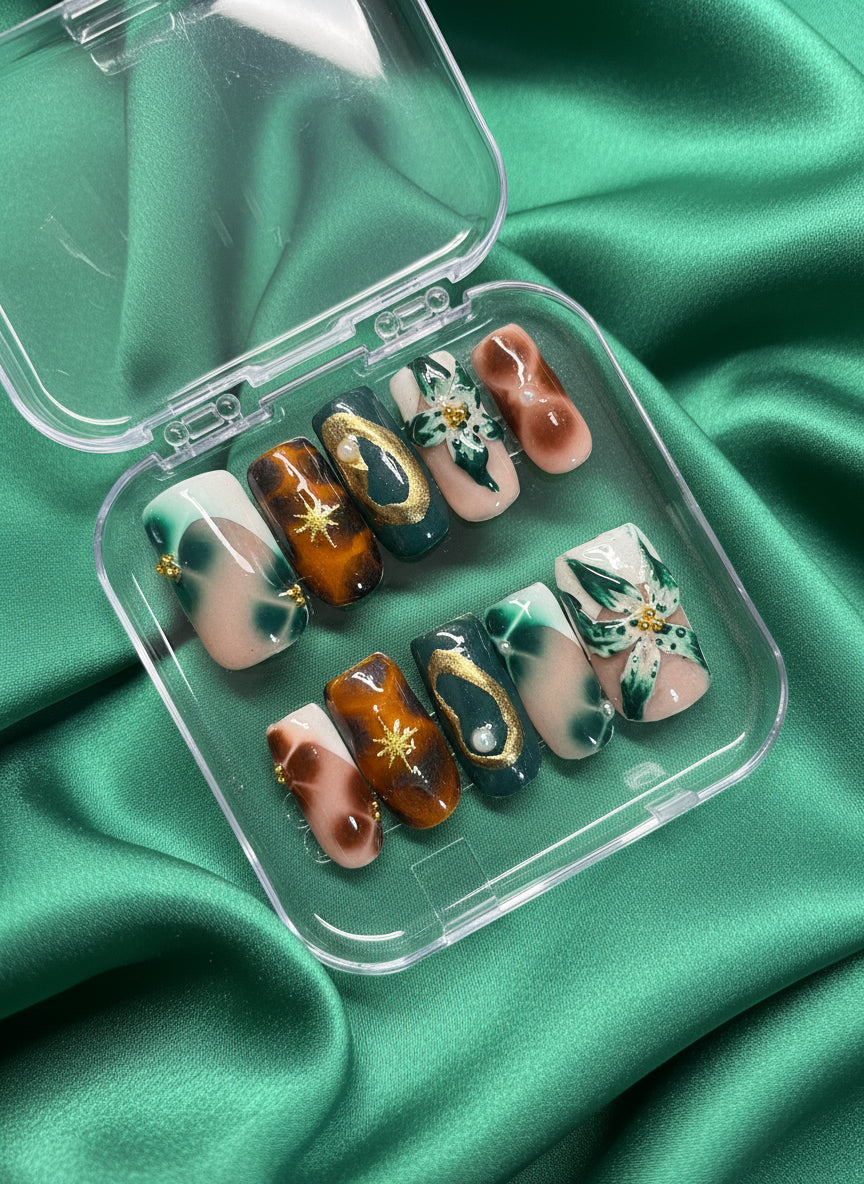 Jealousy – Emerald & Gold Marble Press-On Nails | Handmade Luxury Nail Set
