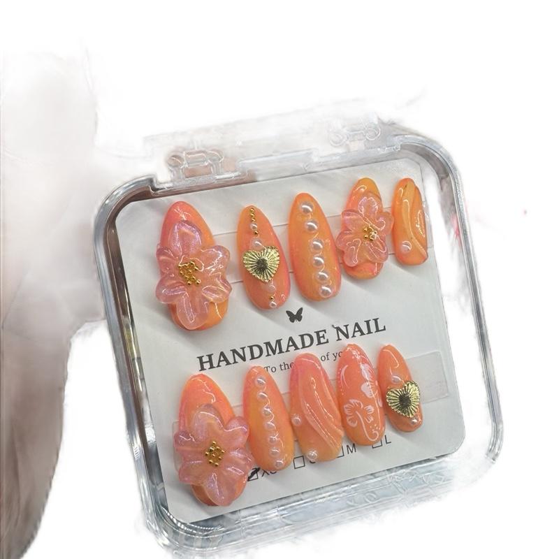 3D Floral Press-On Nails – Peach Ombre Acrylic-Look Set with Pearls & Gold Charm