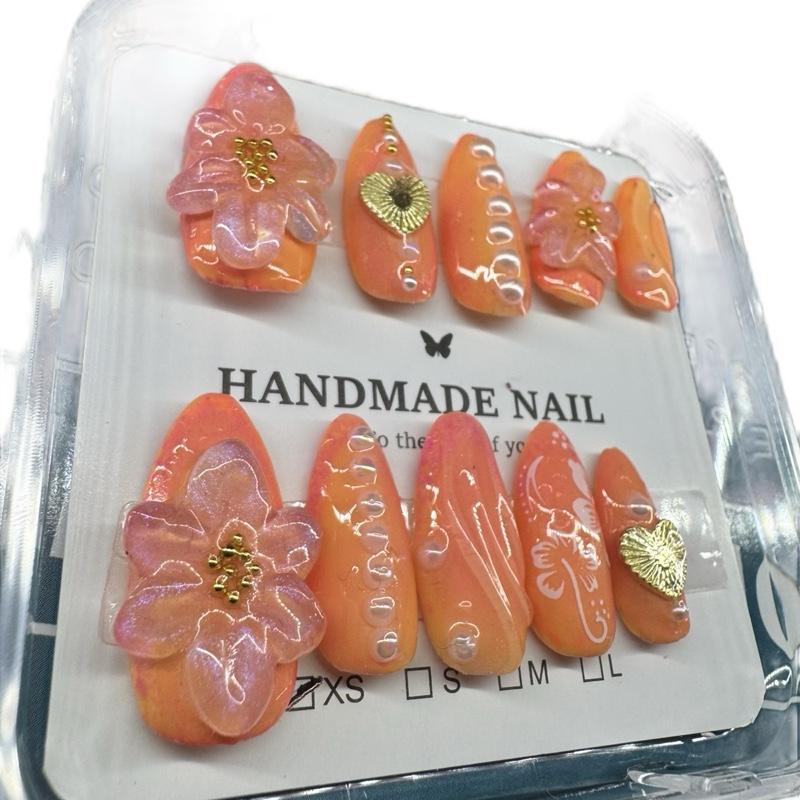 3D Floral Press-On Nails – Peach Ombre Acrylic-Look Set with Pearls & Gold Charm