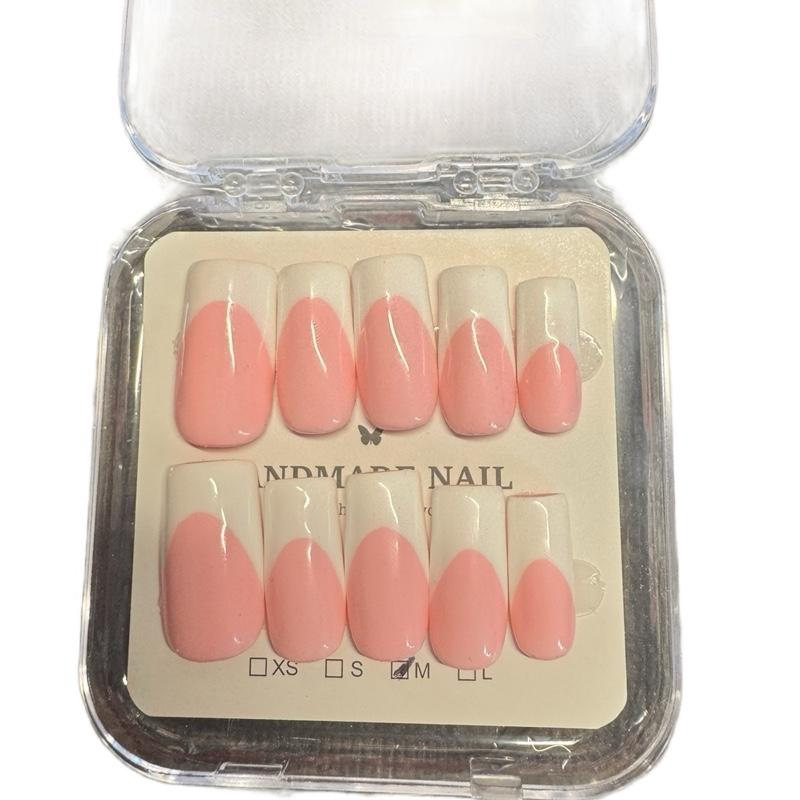 Handmade Press On Nails Baby Pink Base White French Y2K