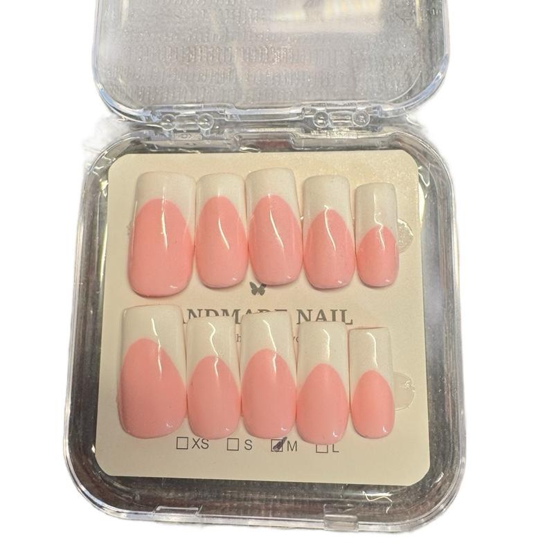 Handmade Press On Nails Baby Pink Base White French Y2K