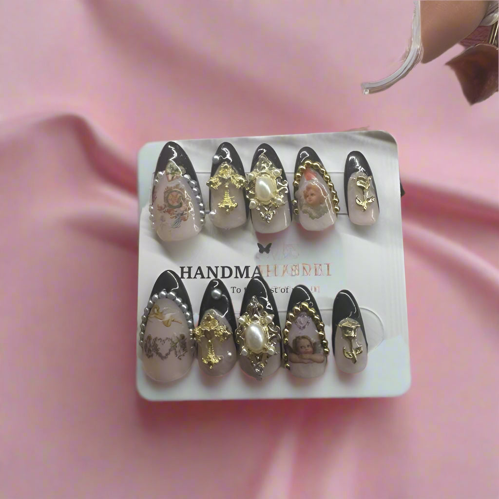 Handmade Press On Nails - Cherub Black French With Pearls