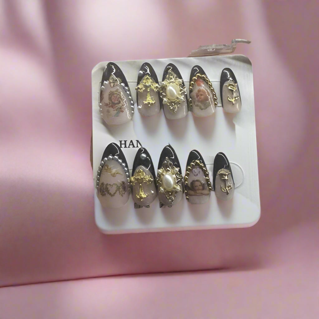 Handmade Press On Nails - Cherub Black French With Pearls