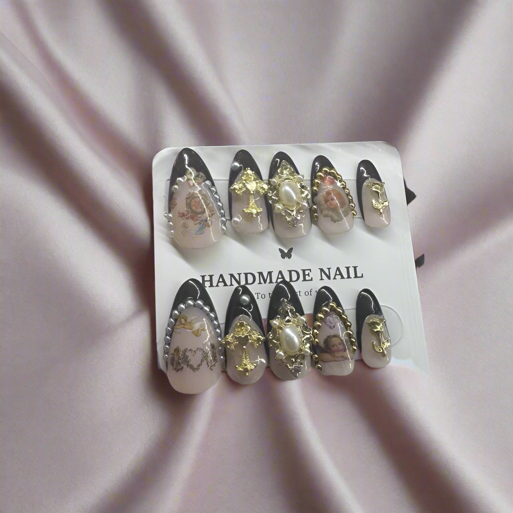 Handmade Press On Nails - Cherub Black French With Pearls