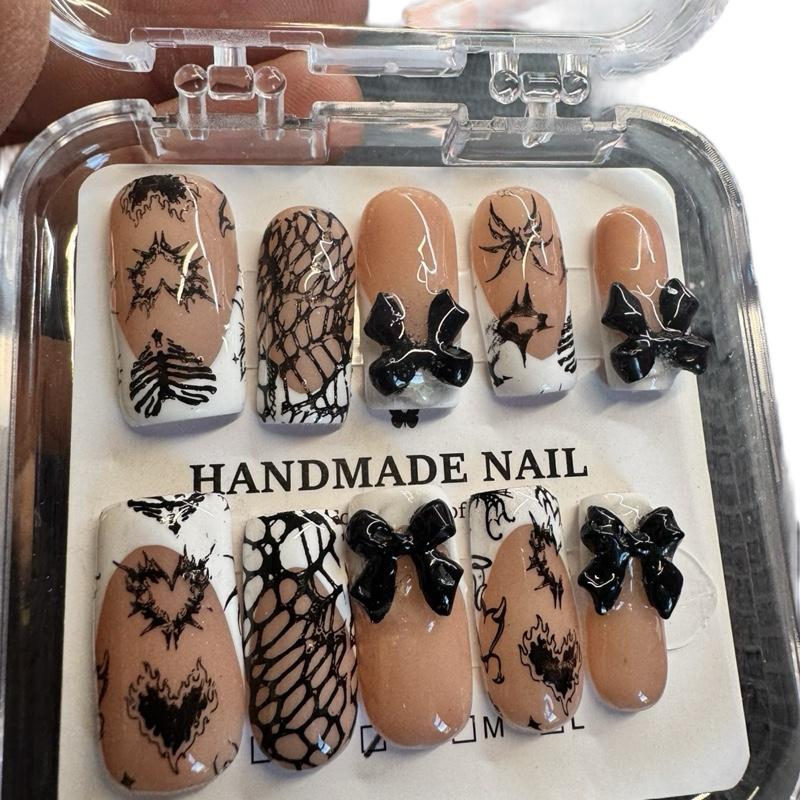 Handmade Press On Nails - White French Tattoo Design