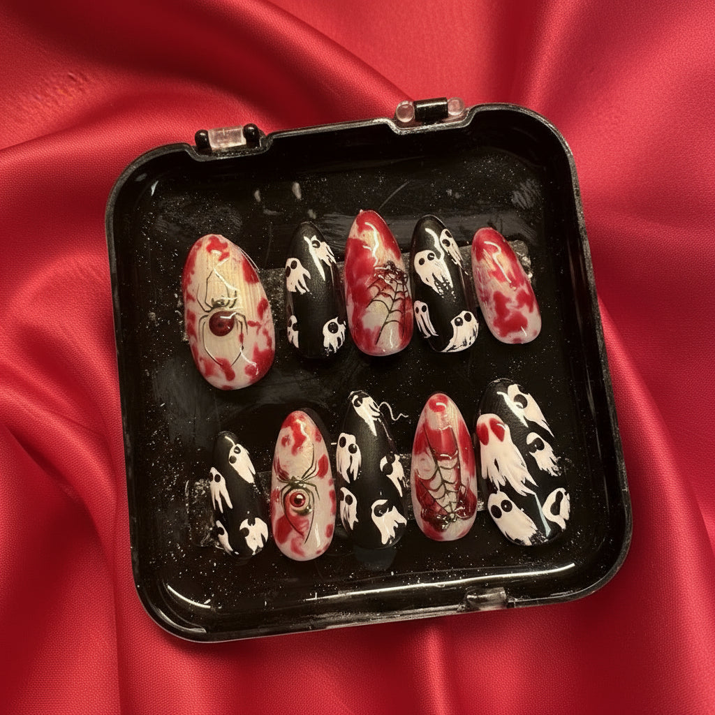 Handmade Press On Nails - Halloween Ghost & Gore Blood Design