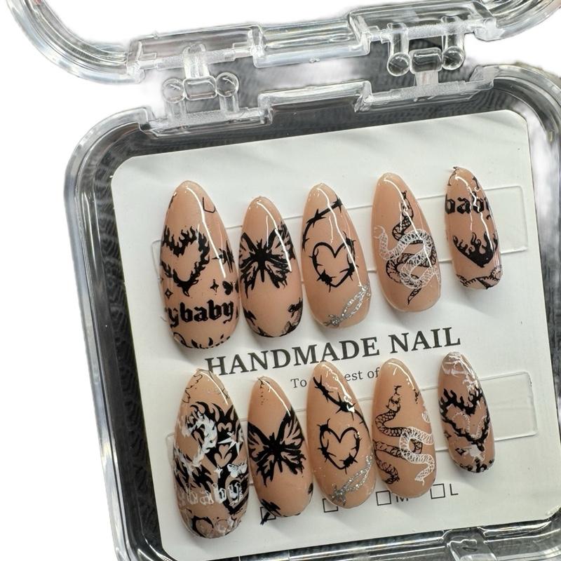 Handmade Press On Nails- Nude Tattoo Style Nails
