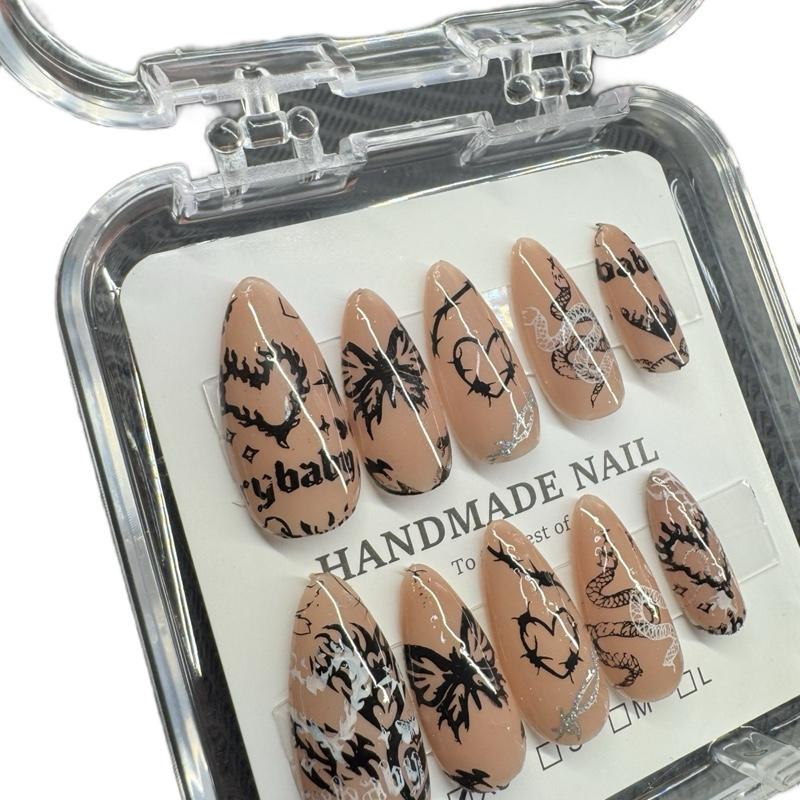 Handmade Press On Nails- Nude Tattoo Style Nails