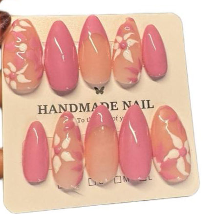 Handmade Press On Nails - Pink and White Floral Nails