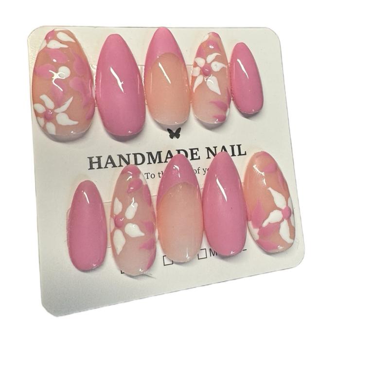 Handmade Press On Nails - Pink and White Floral Nails