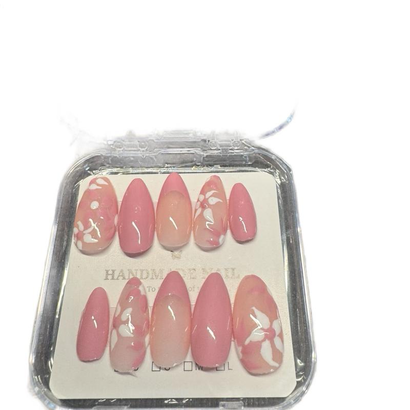 Handmade Press On Nails - Pink and White Floral Nails