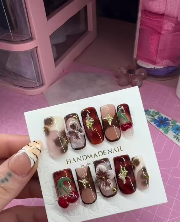 Handmade Press On Nails - Nude 3D Cherries & Viral 3D Flower